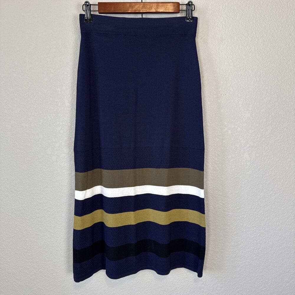 Kenzo Paris Womens Striped Knit Midi Pencil Skirt‎ Size S Navy Blue Tan White